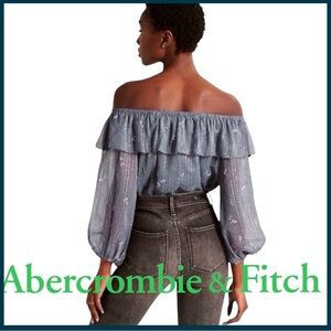 NWOT A&F Blue/White Floral Silver Thread Ruffle Off Shoulder Bodysuit (M)